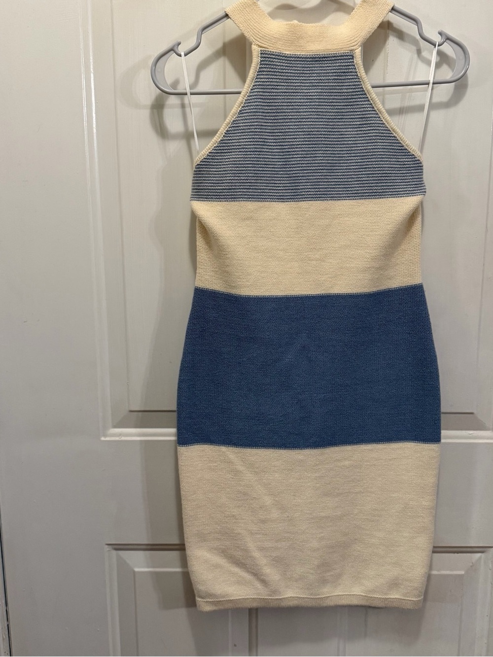 Blue and Cream Halter Knit Mini Dress